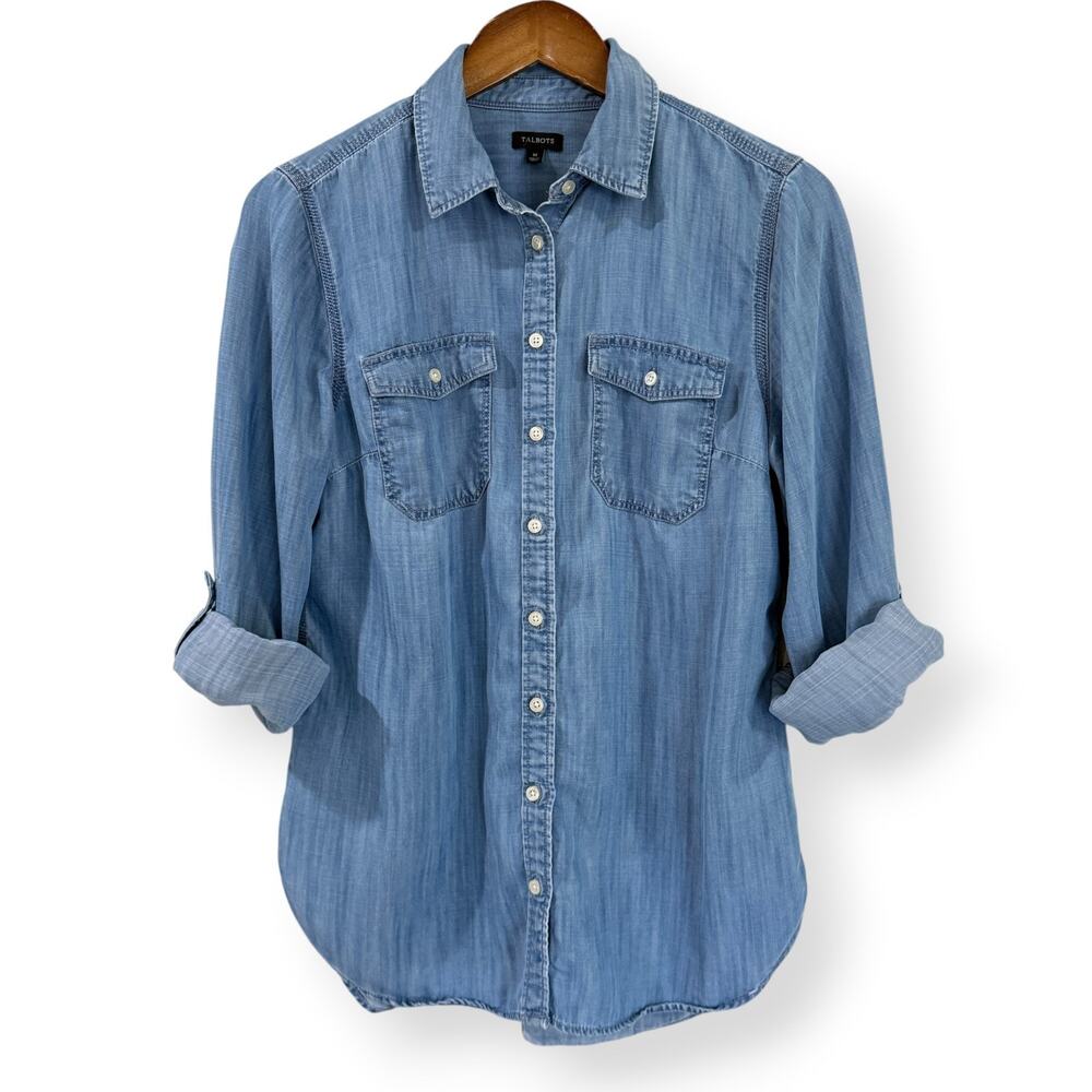 Talbots Button Down Denim Chambray Shirt Womens M Blue Lyocell Roll Tab Sleeve
